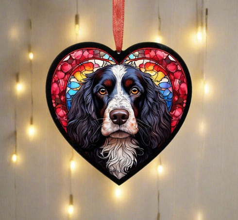 Cocker Spaniel Black & White Stained Glass Effect Heart Suncatcher